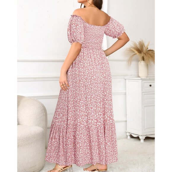 Plus Size Boho Sun Dress Maxi Off Shoulder Puff Sleeve A Line Casual - Picture 4 of 5